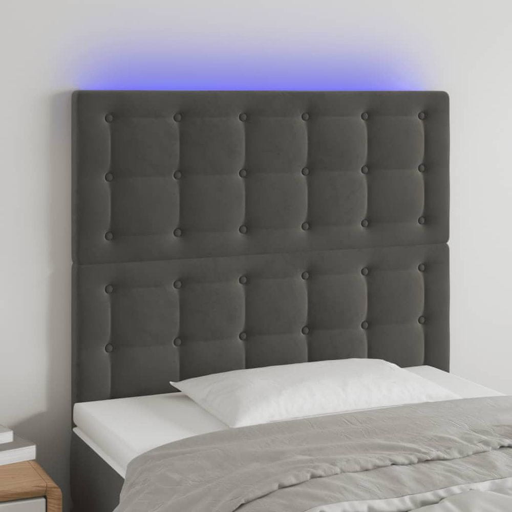 Vidaxl Čelo postele s LED tmavosivé 90x5x118/128 cm zamat